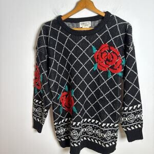 Vintage 80s Reference Point Embroidered Rose Sweater Black Size Large